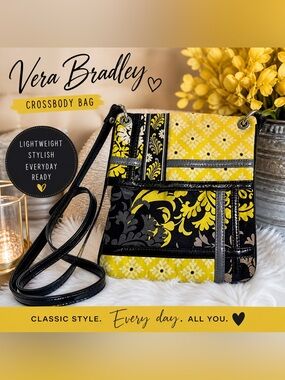 Vera Bradley Yellow & Black Crossbody Bag | Floral Print | Lightweight